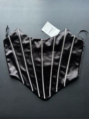 Forever 21 Black Satin Top with Silver Rhinestone Stripes